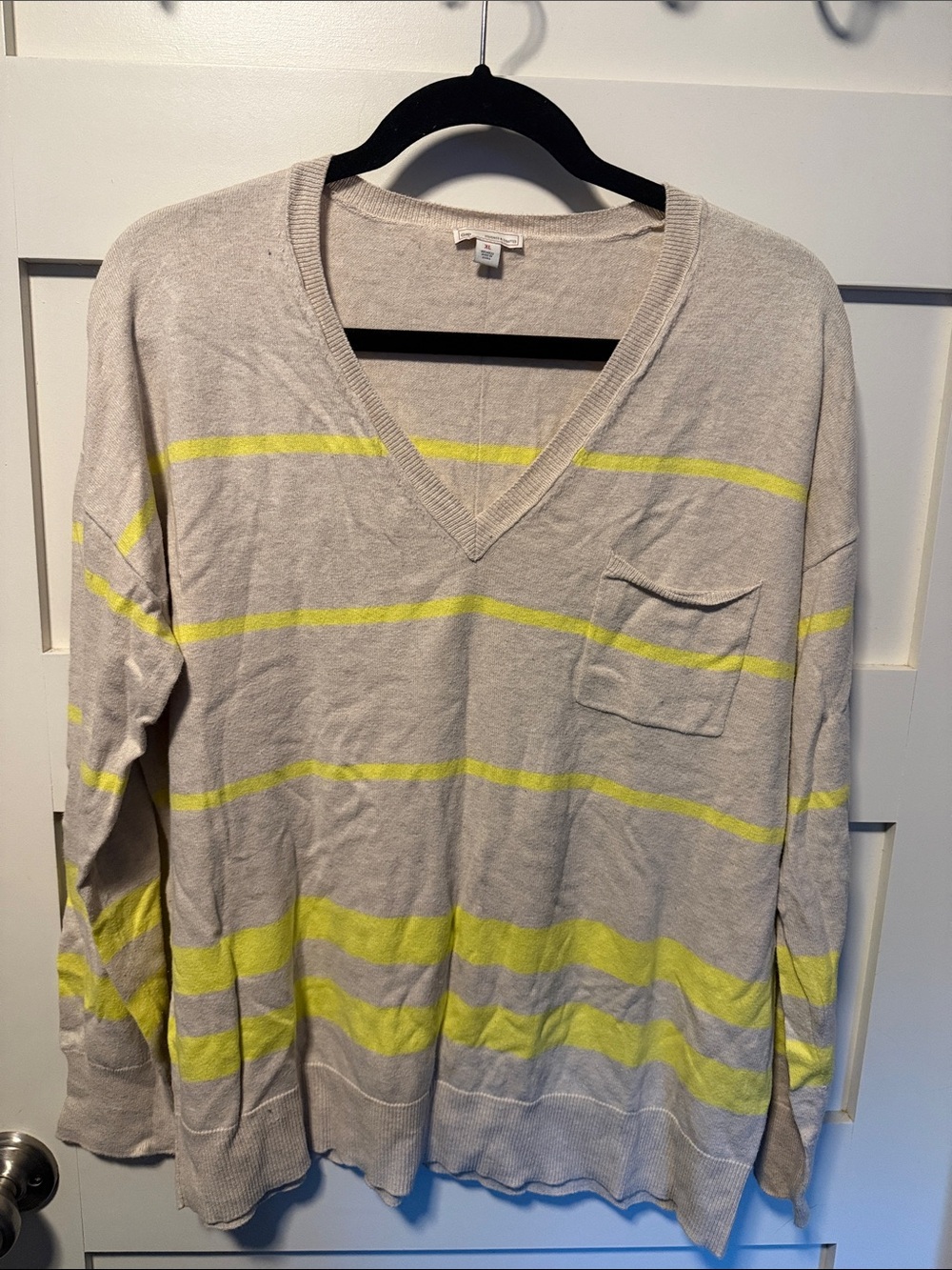 GAP Women's V-Neck Striped Sweater Shirt - Beige with Neon Yellow Stripes